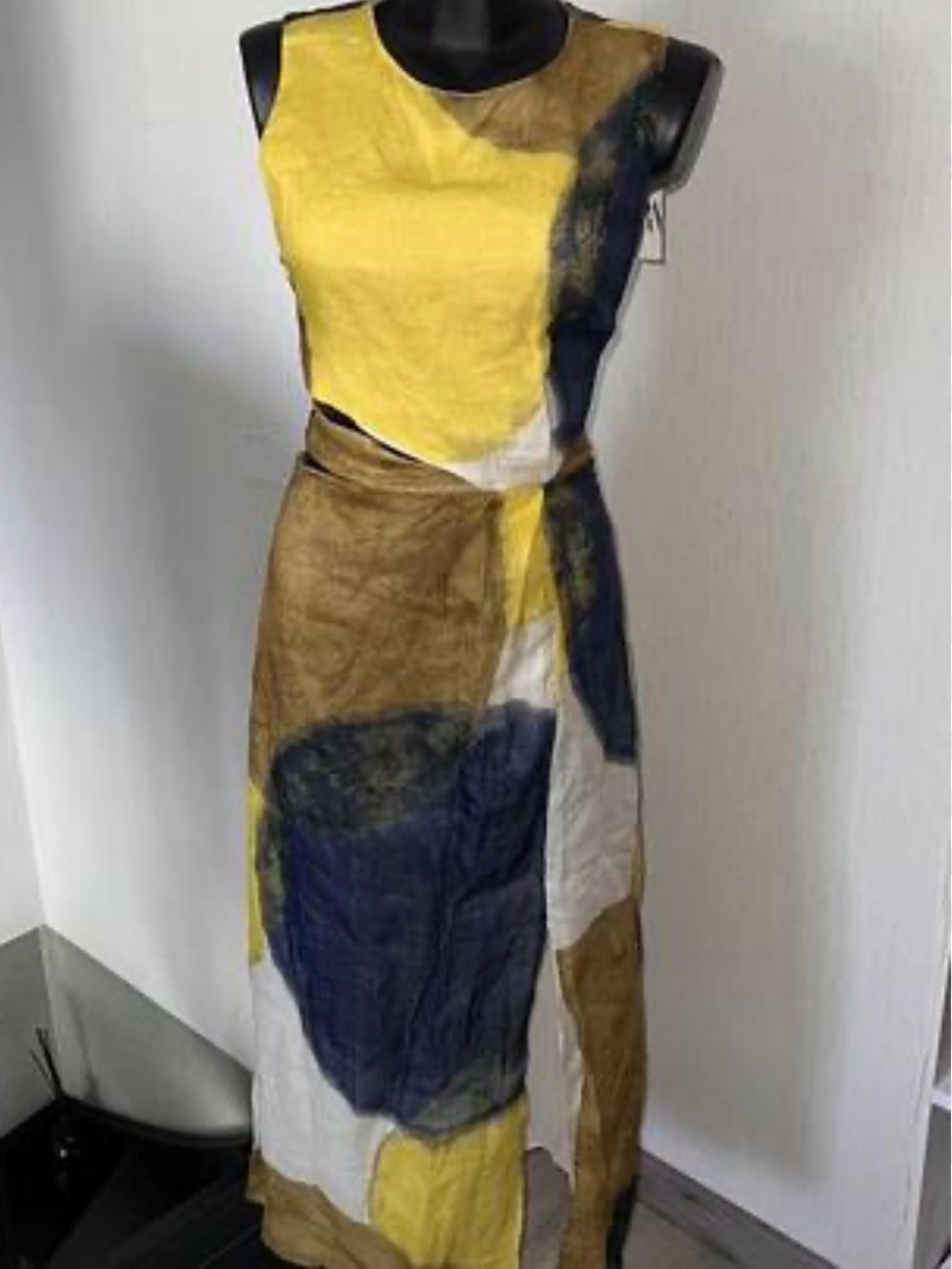 Zara Yellow Navy Brown Abstract Sleeveless Maxi Dress